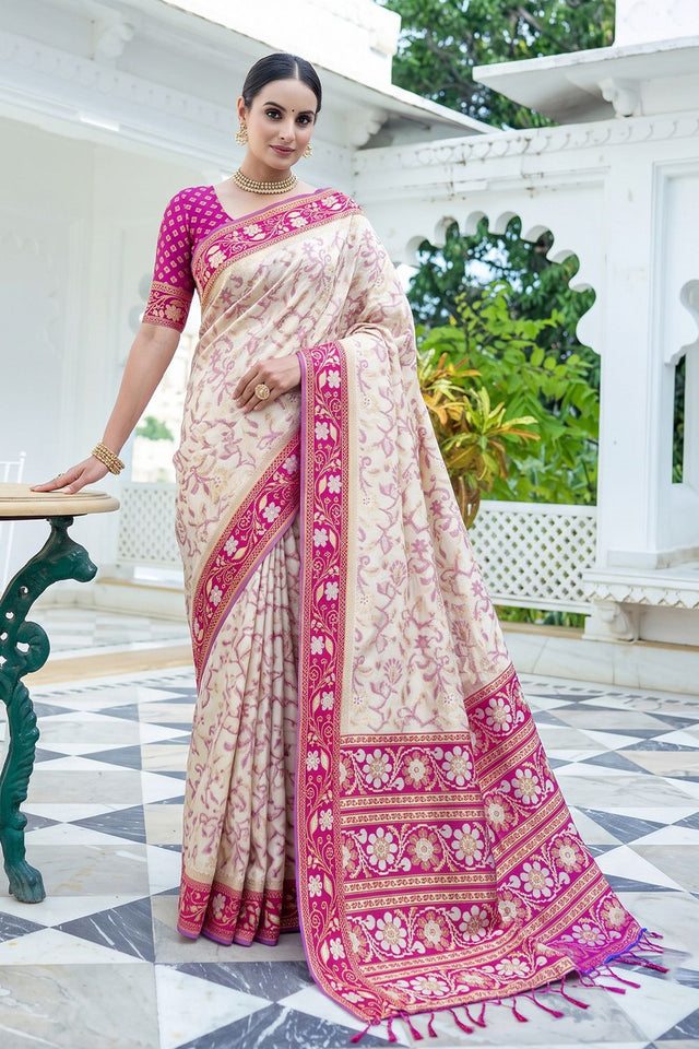 White Floral Woven Silk Saree (ACB2580)