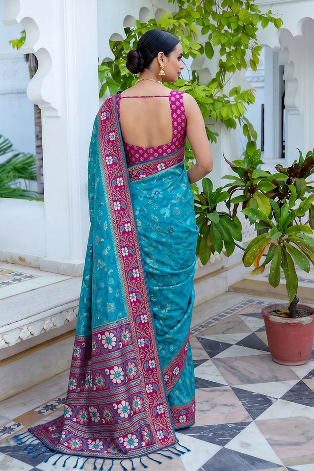 Sky Blue Floral Woven Silk Saree (ACB2582)