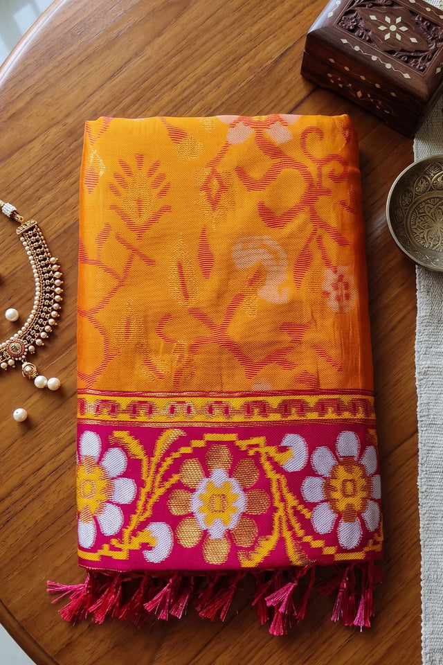 Orange Floral Woven Silk Saree (ACB2584)