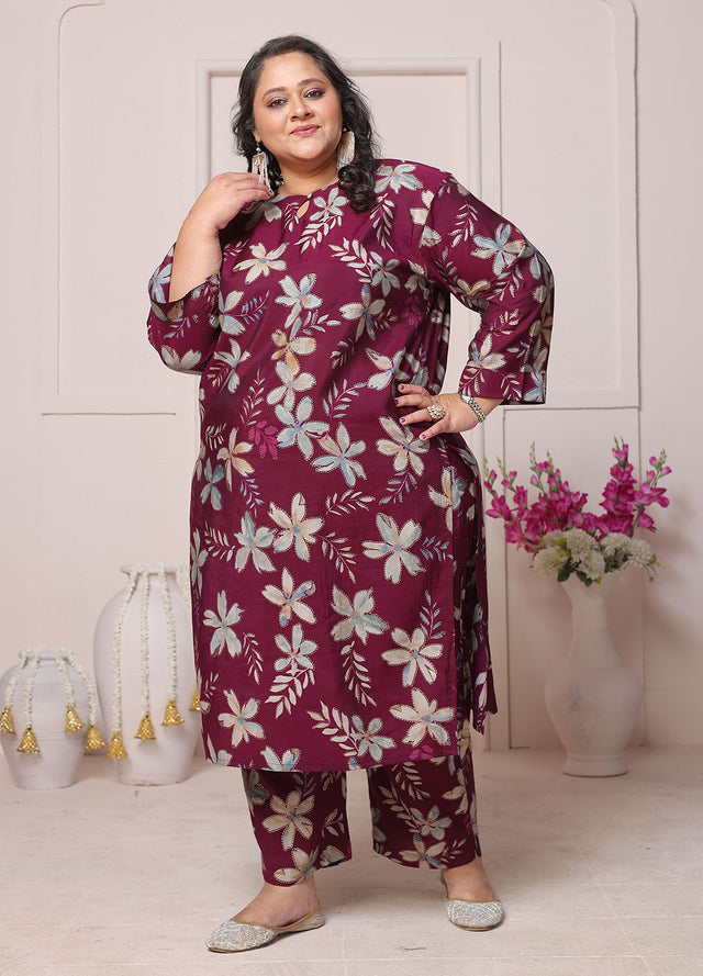 Wine Floral Printed Chanderi Kurti Pant Set (ACB2592)