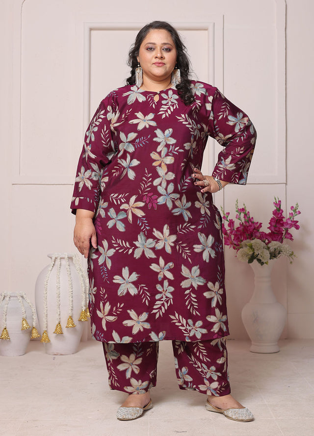 Wine Floral Printed Chanderi Kurti Pant Set (ACB2592)
