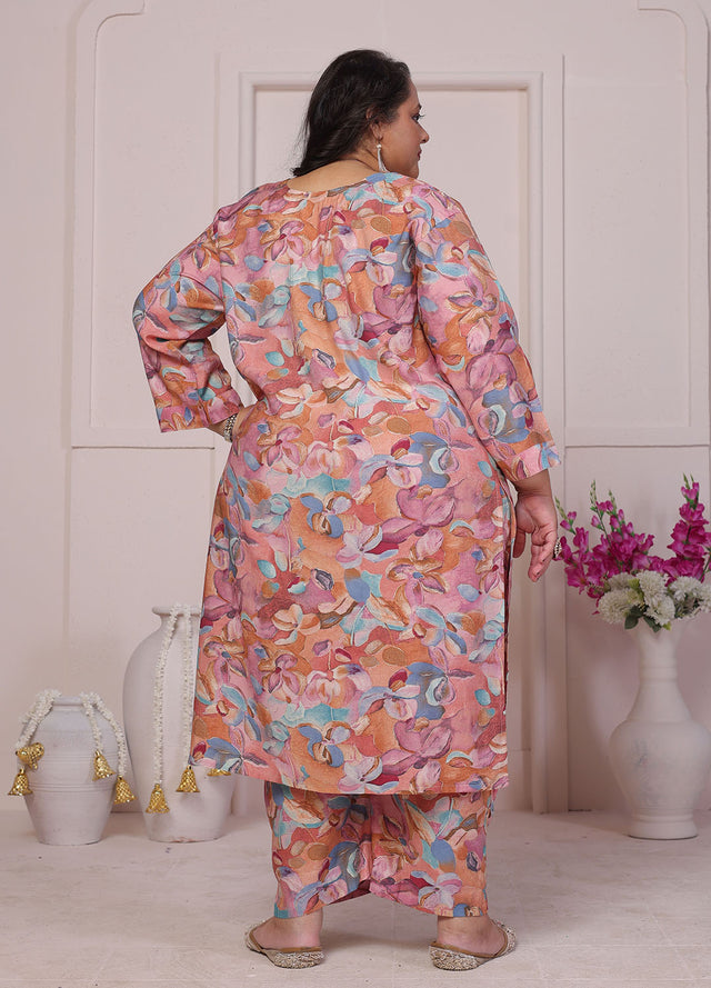 Peach Floral Printed Chanderi Kurti Pant Set (ACB2595)