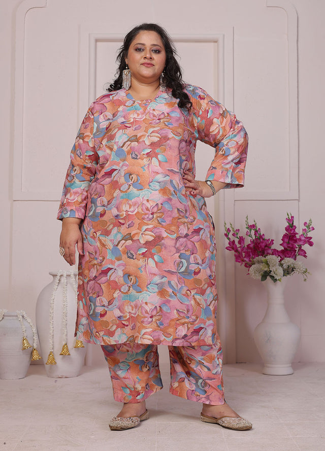 Peach Floral Printed Chanderi Kurti Pant Set (ACB2595)