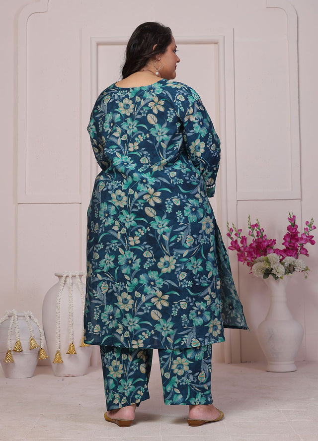 Turquoise Floral Printed Chanderi Kurti Pant Set (ACB2596)