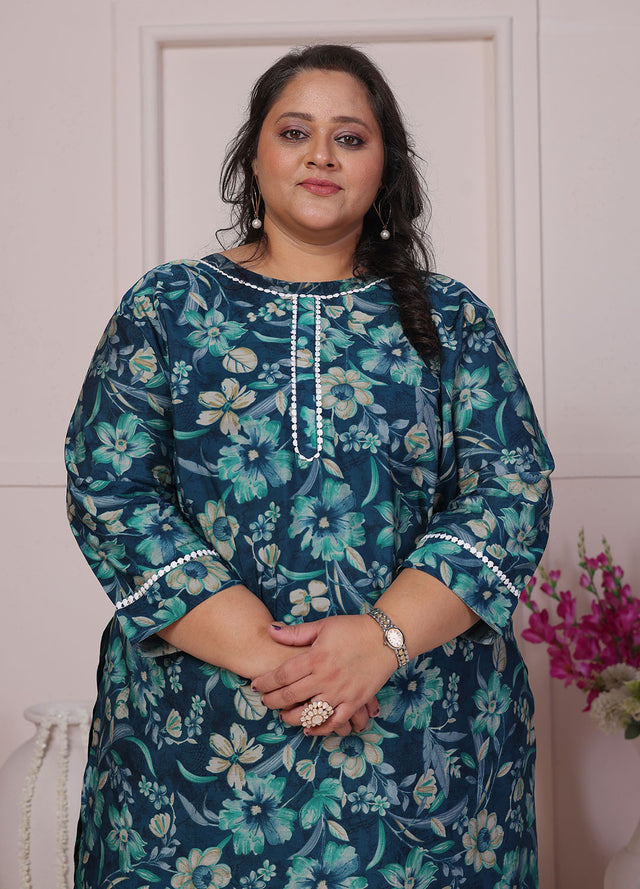 Turquoise Floral Printed Chanderi Kurti Pant Set (ACB2596)