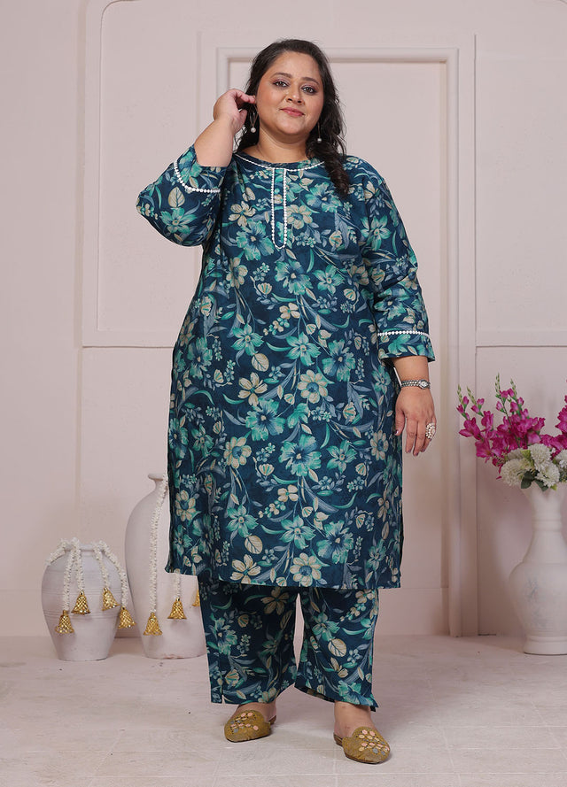 Turquoise Floral Printed Chanderi Kurti Pant Set (ACB2596)