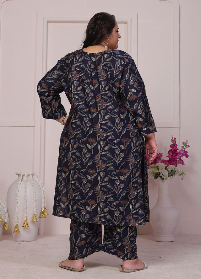 Blue Floral Printed Chanderi Kurti Pant Set (ACB2598)