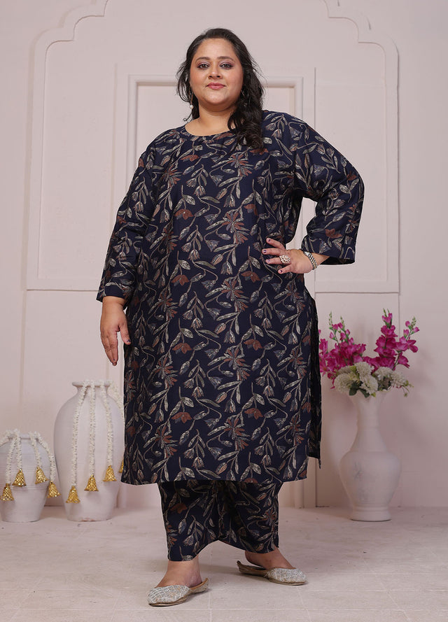 Blue Floral Printed Chanderi Kurti Pant Set (ACB2598)