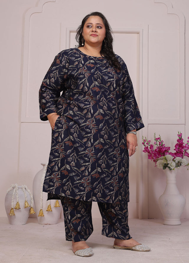 Blue Floral Printed Chanderi Kurti Pant Set (ACB2598)