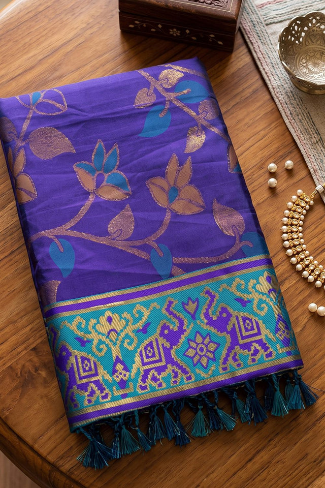 Blue Floral Woven Silk Saree (ACB2600)