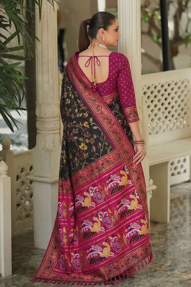 Black Floral Woven Silk Saree (ACB2601)