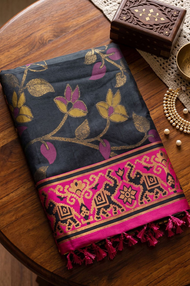 Black Floral Woven Silk Saree (ACB2601)