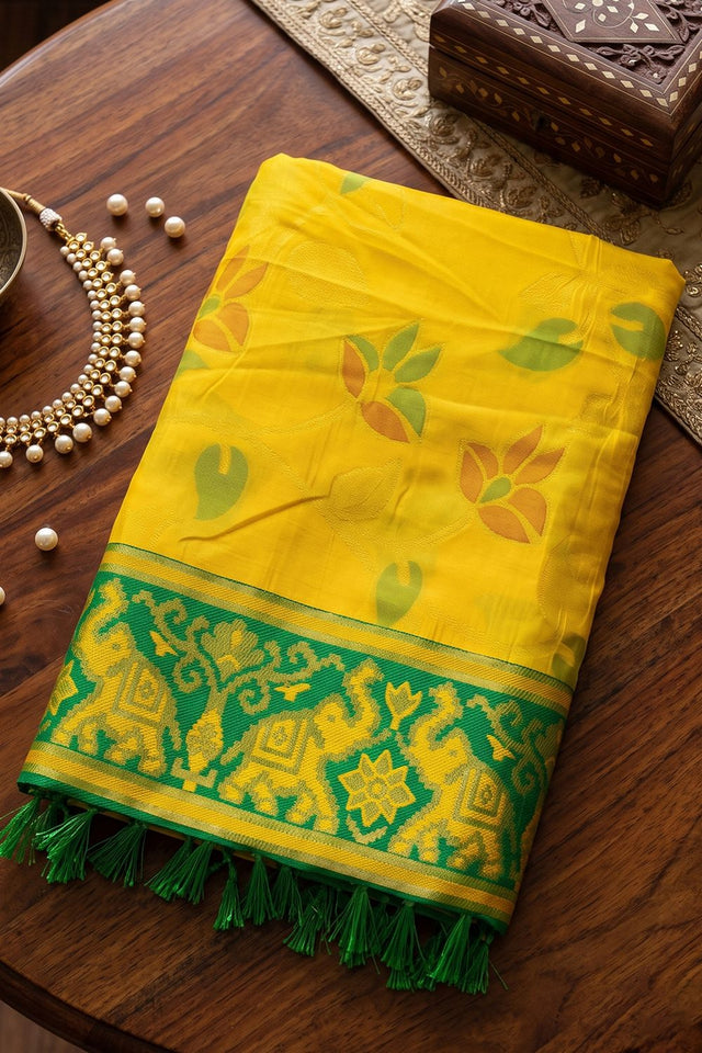 Yellow Floral Woven Silk Saree (ACB2602)