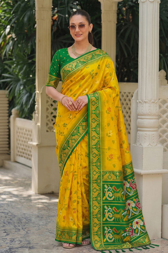 Yellow Floral Woven Silk Saree (ACB2602)
