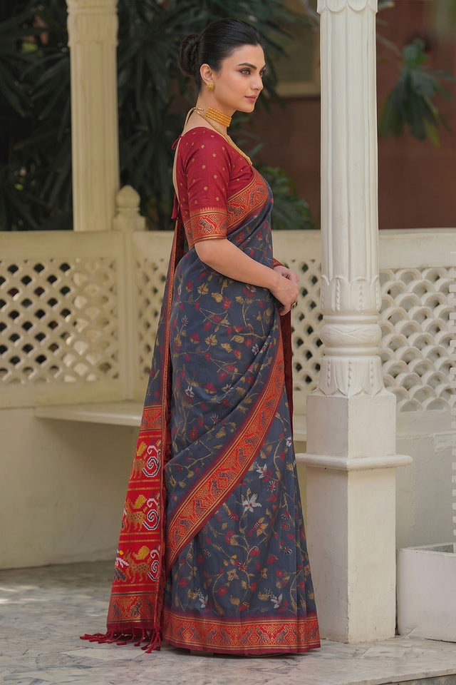Grey Floral Woven Silk Saree (ACB2606)