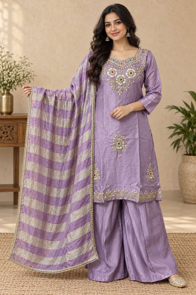 Lavender Beads & Stone Work Silk Palazzo Suit (ACB2608)