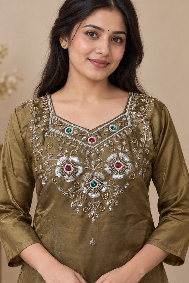 Beige Beads & Stone Work Silk Palazzo Suit (ACB2609)