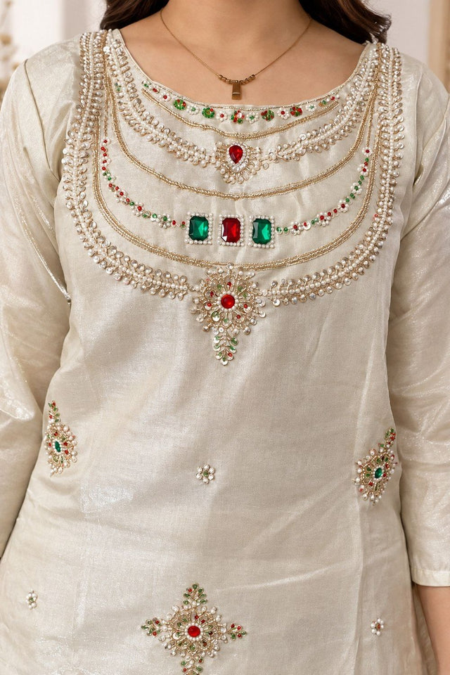 Off White Beads & Stone Work Silk Palazzo Suit (ACB2610)