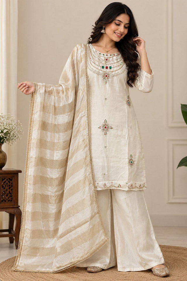 Off White Beads & Stone Work Silk Palazzo Suit (ACB2610)