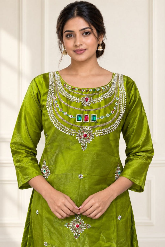 Green Beads & Stone Work Silk Palazzo Suit (ACB2611)