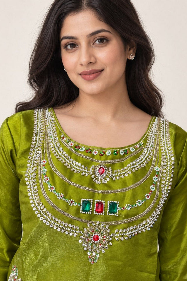 Green Beads & Stone Work Silk Palazzo Suit (ACB2611)