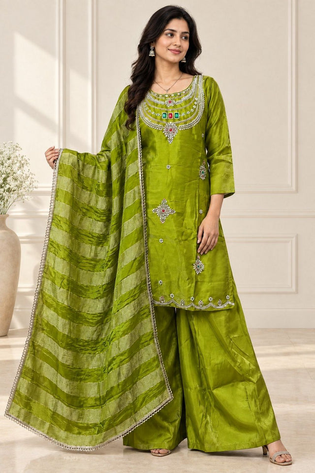 Green Beads & Stone Work Silk Palazzo Suit (ACB2611)