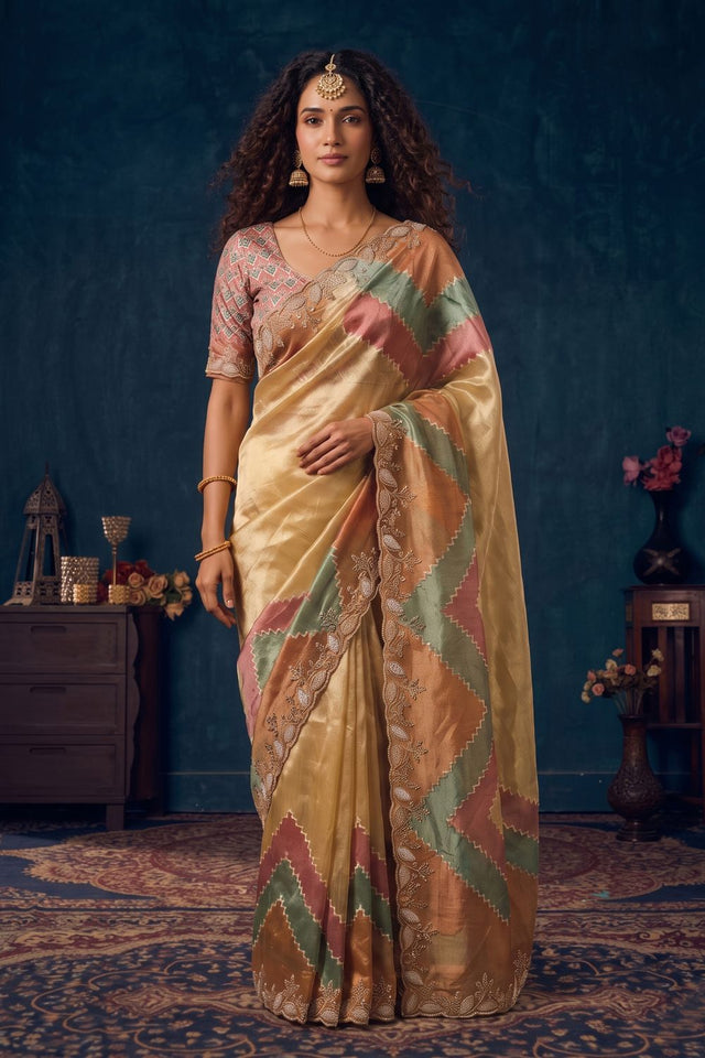 Beige Beads Embossed Organza Saree (ACB2615)