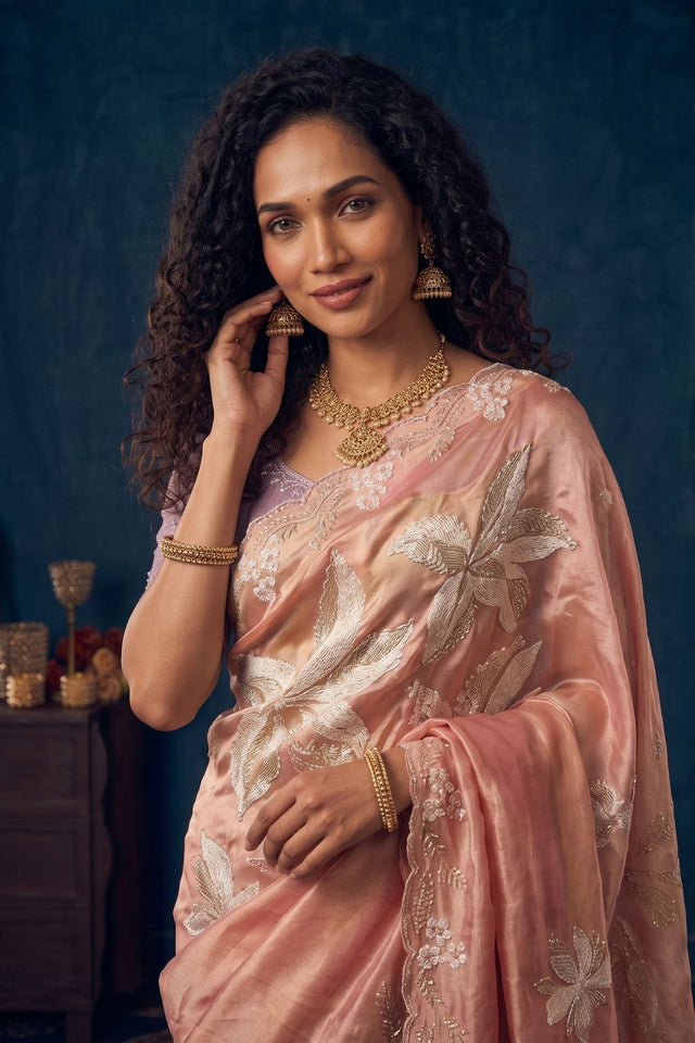 Pink Beads Embossed Organza Saree (ACB2617)