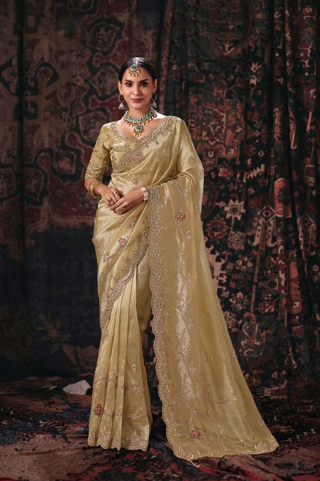 Beige Beads & Stone Work Kanjivaram Silk Saree (ACB2620)