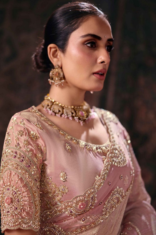 Pink Beads & Stone Work Linen Saree (ACB2621)