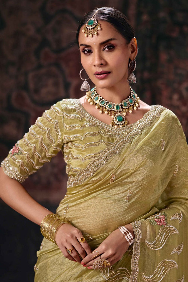 Green Beads & Stone Work Silk Blend Saree (ACB2627)