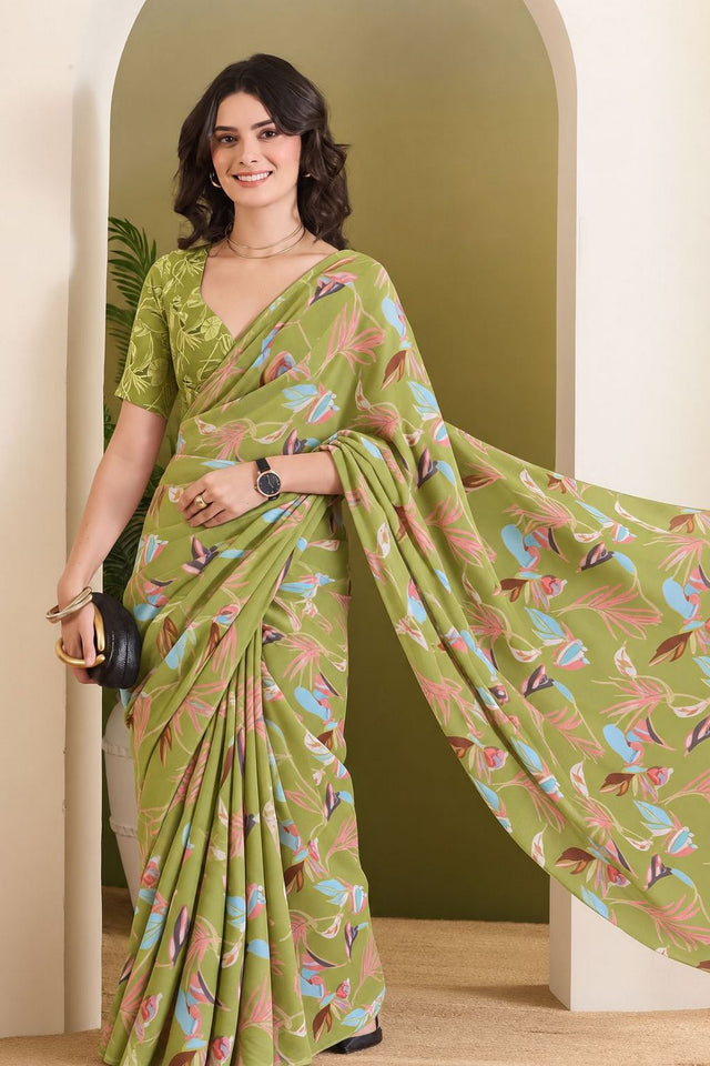 Mehendi Printed Georgette Ready To Wear Saree (ACB2631)