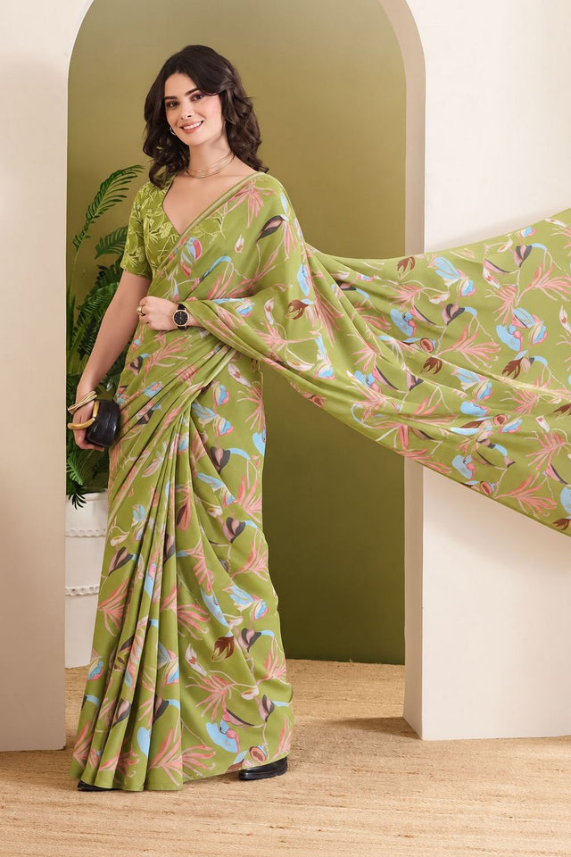 Mehendi Printed Georgette Ready To Wear Saree (ACB2631)