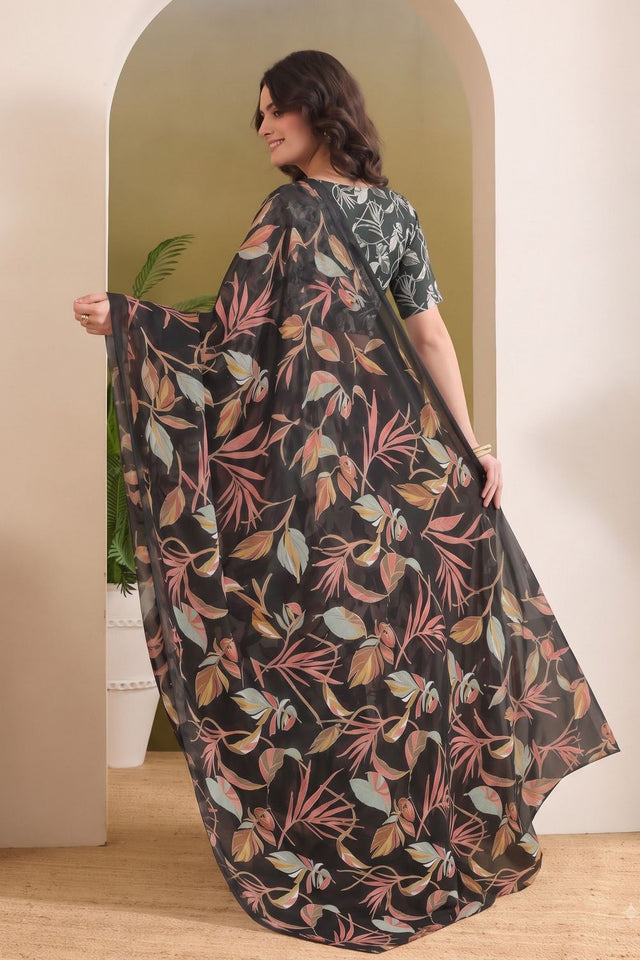 Black Printed Georgette Ready To Wear Saree (ACB2632)