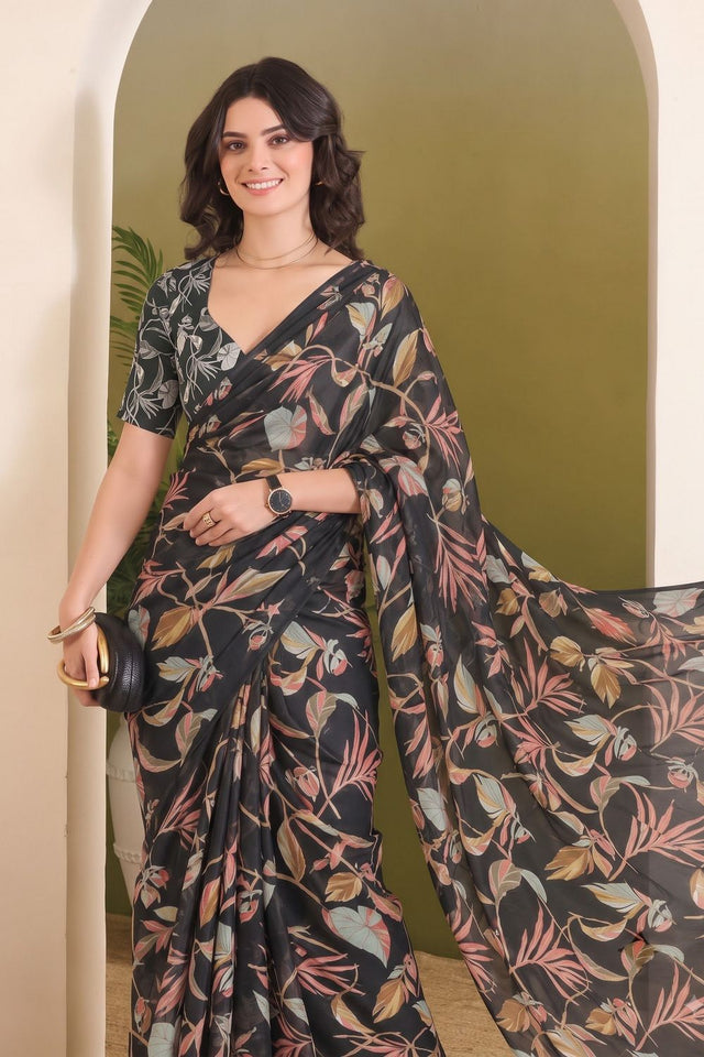 Black Printed Georgette Ready To Wear Saree (ACB2632)