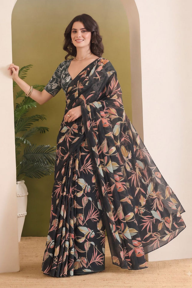 Black Printed Georgette Ready To Wear Saree (ACB2632)