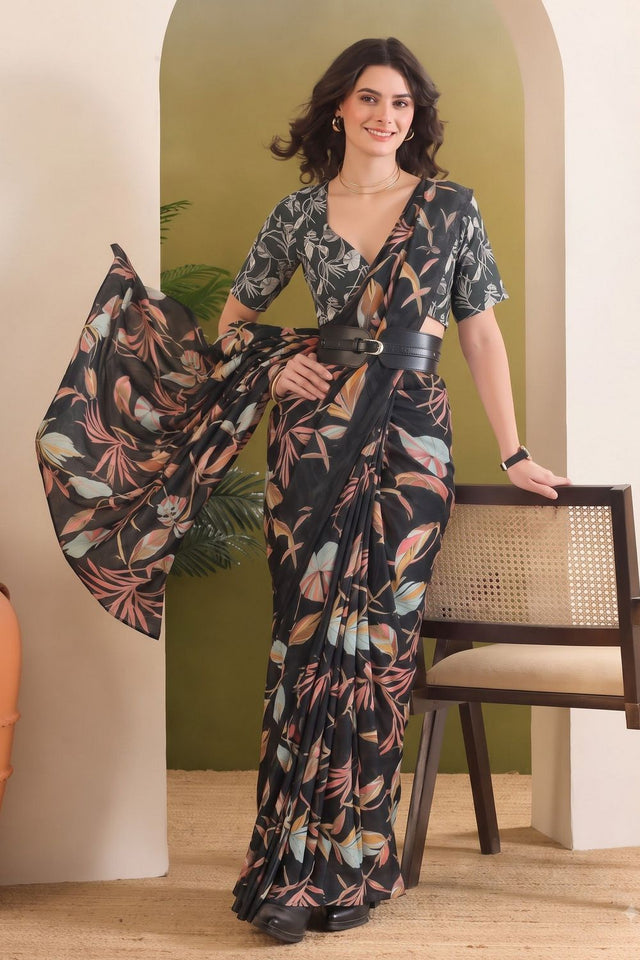 Black Printed Georgette Ready To Wear Saree (ACB2632)