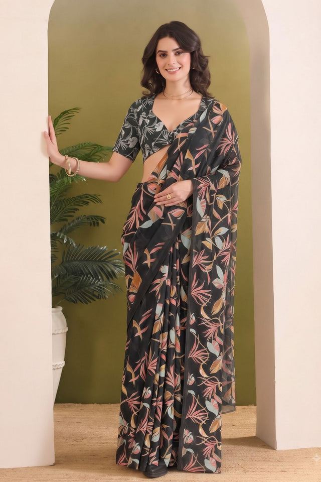 Black Printed Georgette Ready To Wear Saree (ACB2632)
