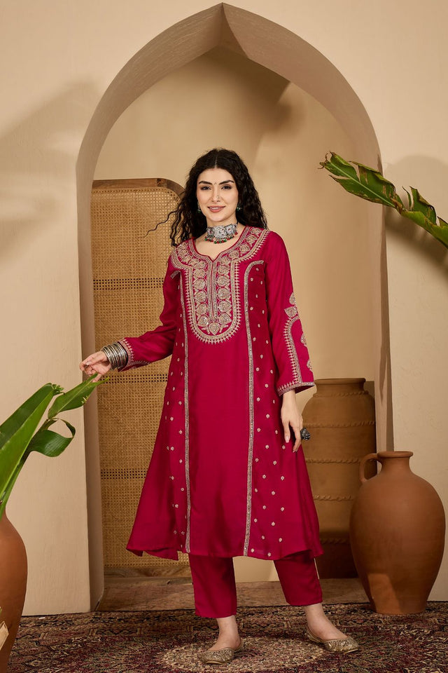 Red Sequin with Embroidered Silk Straight Cut Suit (ACB2639)