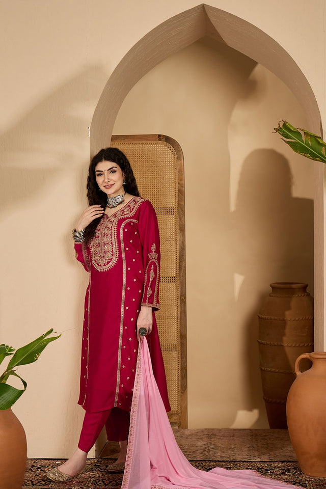 Red Sequin with Embroidered Silk Straight Cut Suit (ACB2639)