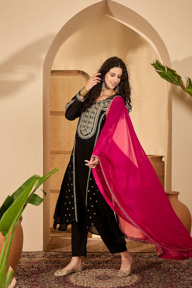 Black Sequin with Embroidered Silk Straight Cut Suit (ACB2641)