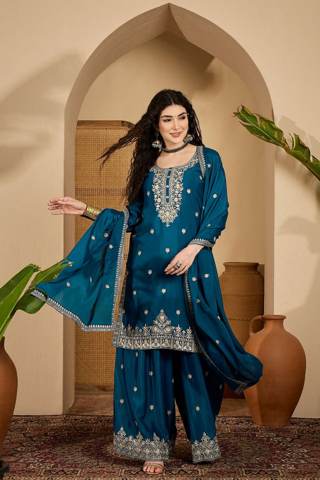 Turquoise Floral Embroidered Chinon Palazzo Suit (ACB2642)