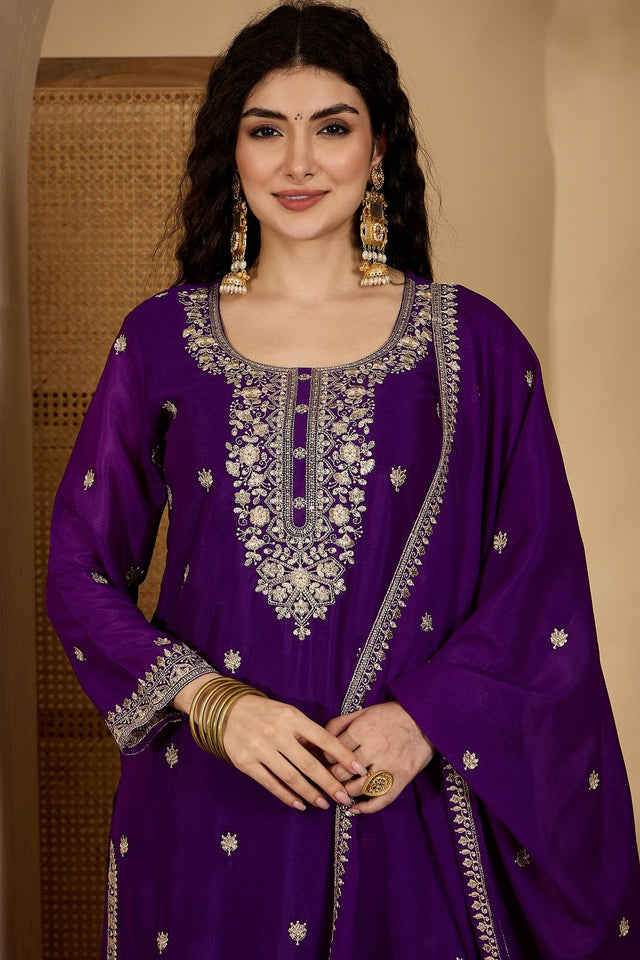 Purple Floral Embroidered Chinon Palazzo Suit (ACB2644)