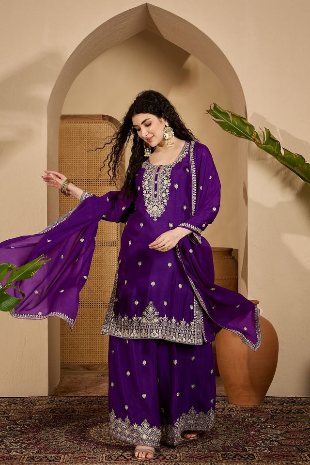 Purple Floral Embroidered Chinon Palazzo Suit (ACB2644)