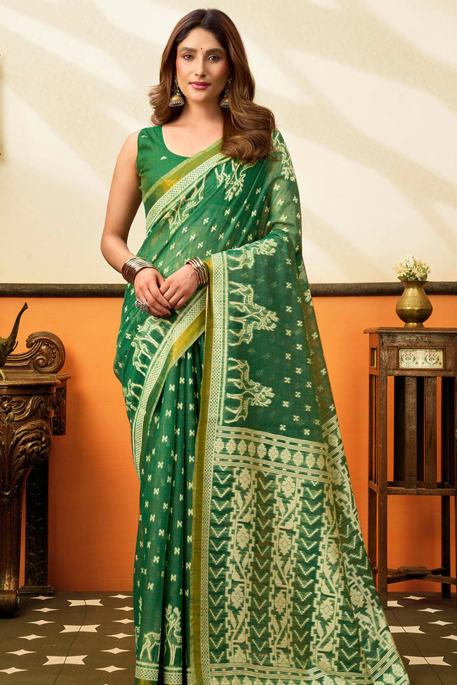 Green Jacquard Woven Cotton Silk Saree (ACB2648)