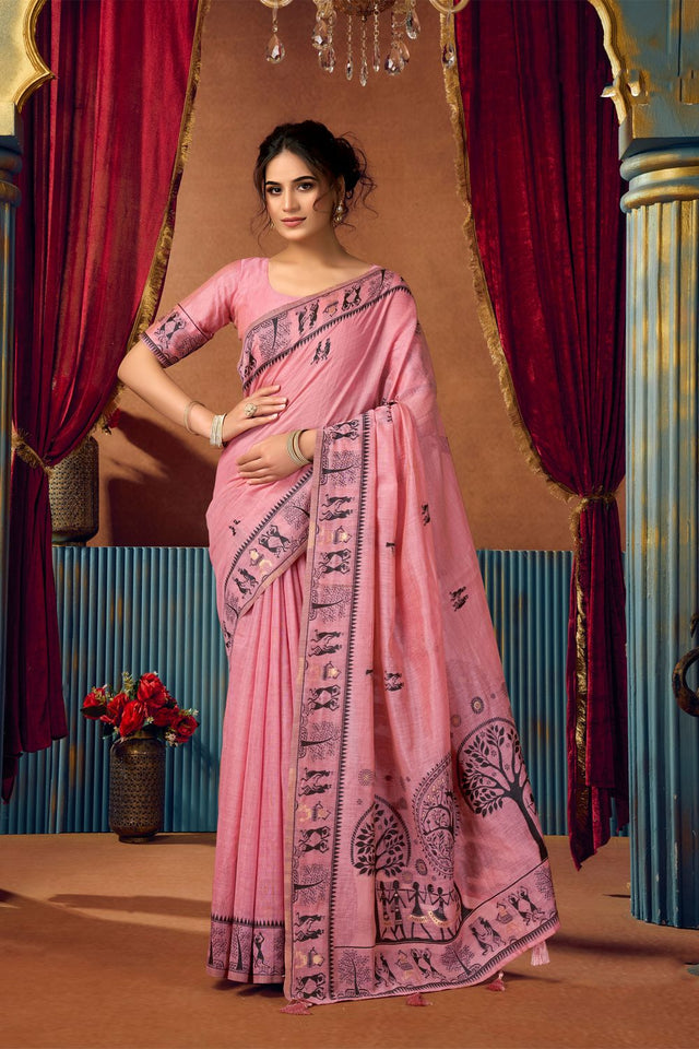 Pink Warli Printed Silk Saree (ACB2651)