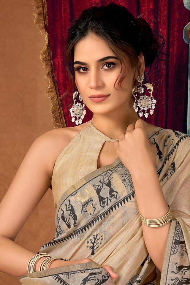 Brown Warli Printed Silk Saree (ACB2653)