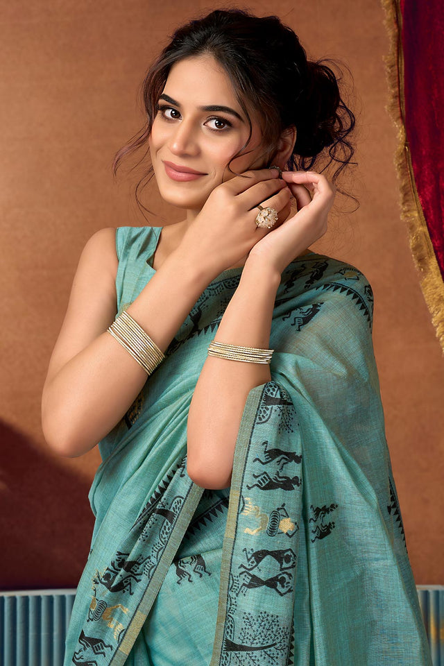 Blue Warli Printed Silk Saree (ACB2655)