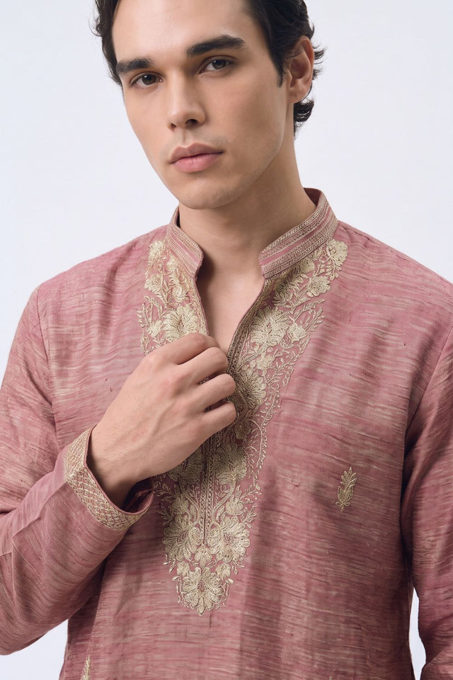 Pink Floral Embroidered Tissue Kurta Set (ACB2657)