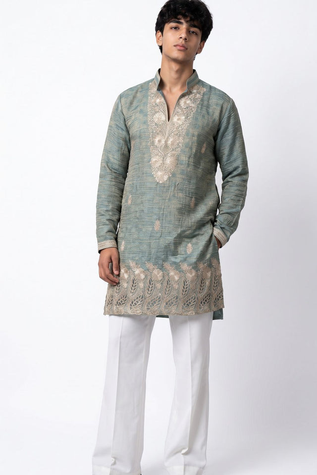 Blue Floral Embroidered Tissue Kurta Set (ACB2658)